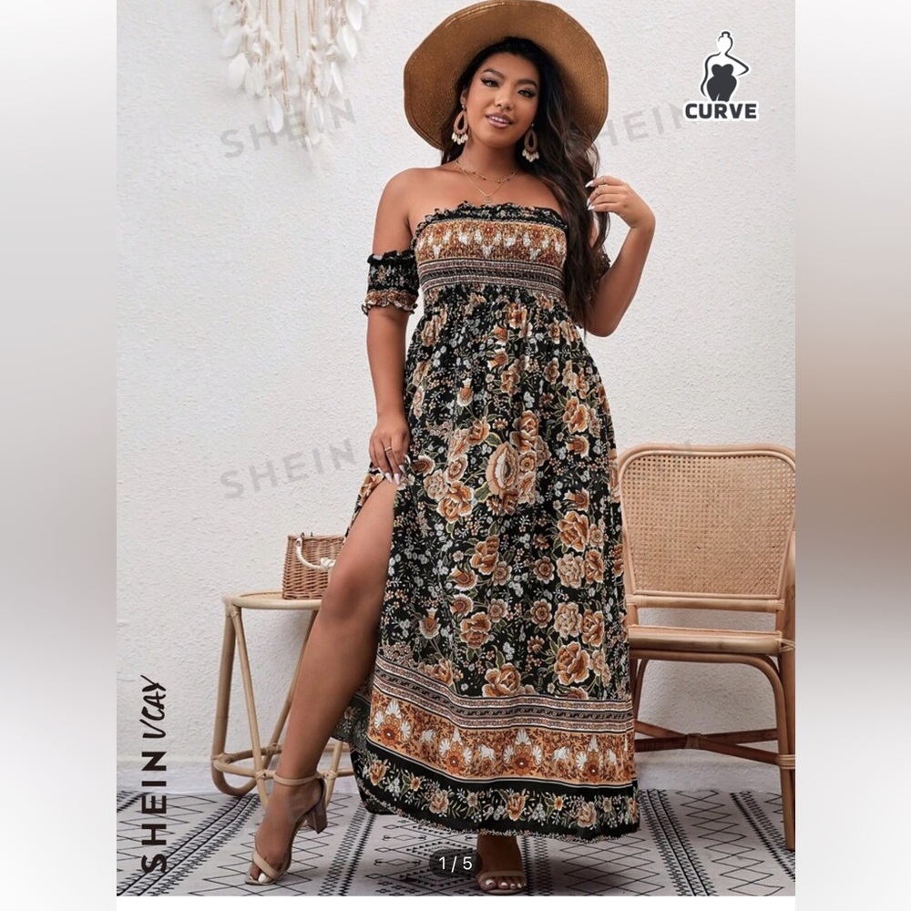 SHEIN VCAY Plus Floral Print Off Shoulder Shirred Split Thigh Dress